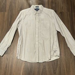 American Eagle Men’s XL Button Up Casual Work Dress Shirt Gray White Striped